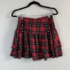 Social Collision Hot Topic Red Plaid Mini Skirt S Academia Rock Goth Punk (*set)
